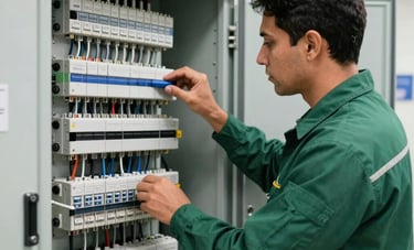 Detailed shot of a professional electrical engineer in a clean uniform, inspecting a modern and perfectly organized electrical panel inside a building. Precise work environment. South American / Brazilian setting. Sharp lighting, clean composition. Palette: Deep Forest Green and Silver.