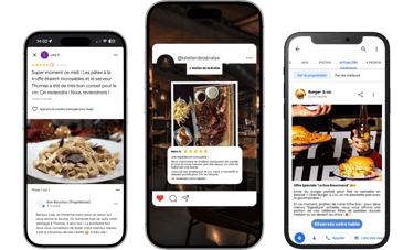 Trois smartphones affichant l'expertise Notiia : gestion d'avis clients et réputation Google