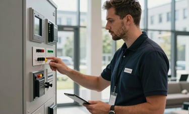 A professional facility manager checking the technical systems in the clean, modern foyer of a multi-family residential building in Germany. The environment is professional and orderly, lit by natural daylight filtering through large windows.