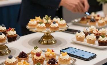 A high-end Brazilian corporate event dessert station. In the foreground, an elegant table features gourmet tarts and cupcakes. A smartphone beside the tray shows a 'Successful Delivery' interface. Soft focus on a professional attendant in the background. Palette features dark blue and cream tones.