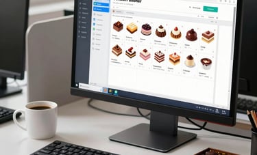 A modern South American / Brazilian office workstation. A sleek computer monitor displays a colorful confectionery inventory management system. A professional coffee mug and a small box of chocolates sit on the clean white desk. Natural lighting, professional and inviting mood.