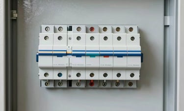 A clean, modern, and perfectly organized electrical breaker panel inside a North American home garage. The focus is on precision and safety. High-quality professional photography with bright, neutral lighting.