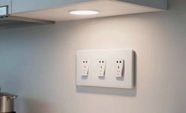 A warm and inviting North American kitchen interior featuring elegant recessed LED lighting. The image shows a bright, clean, and safe home environment with a focus on modern electrical fixtures. Soft blue and white accents.