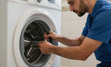 A professional repairman in a blue work shirt repairing the drum of a washing machine, soft industrial lighting, Middle Eastern / Gulf residential laundry room context, high quality photography.