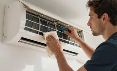 A specialist cleaning the internal filters of a wall-mounted split air conditioner, bright natural light in a Middle Eastern / Gulf apartment, professional and efficient atmosphere.