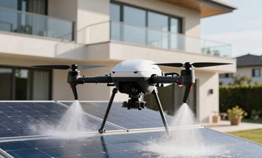 A specialized cleaning drone spraying eco-friendly treatment on solar panels of a high-end contemporary villa. European architecture, bright sun, clean and technological aesthetic, demonstrating efficiency.