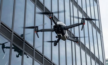 A sophisticated industrial drone performing a technical inspection on the glass facade of a modern skyscraper in a French business district. Sharp focus, daylight, professional atmosphere, reflecting innovation and safety.