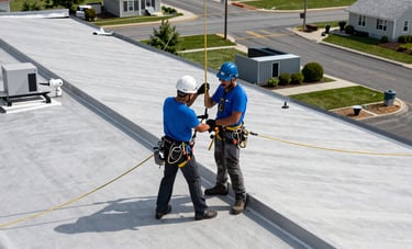 A roofer performing a maintenance inspection on a large commercial flat roof in Toms River, New Jersey. The background shows a suburban NJ setting, industrial equipment, professional atmosphere, using light gray and blue colors.