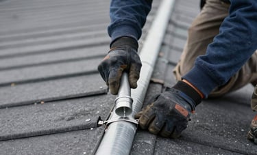 Close-up of a skilled roofing contractor in North American / US - New Jersey applying high-performance sealant to a flat roof seam. Professional tools and durable industrial materials visible, dark blue and steel gray palette.