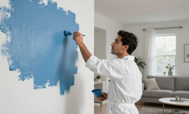 A professional painter in white work clothes applying steel blue paint to a clean wall in a modern North American / Hispanic living room. Sharp edges, professional drop cloths visible, bright and tidy workspace, natural daylight.