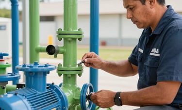 A professional South American / Mexican technician in a uniform inspecting a modern water pump station. The scene includes apple green and cobalt blue pipes. Clear, expert atmosphere with natural daylight.