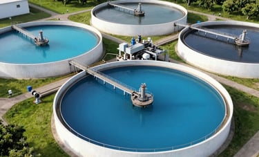 Aerial wide shot of a large industrial wastewater treatment plant in Mexico. Professional engineering, clean white concrete basins, water with maya blue hues, surrounded by manicured apple green landscape.