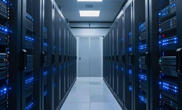 An architectural photograph of a high-tech data center hallway with blue server light reflections on a polished floor. The style is modern, professional, and authoritative. Global professional aesthetic using deep sky blue and dark blue-gray color palette.