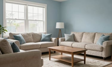 A sanitized and pristine North American / US living room after professional mold removal. The space looks healthy and safe for family living, featuring soft beige furniture, bright windows, and calming blue accents. High-end residential photography style.