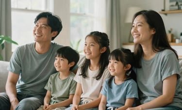 A happy family sitting together in a sunlit North American / US home, breathing easy in a clean and safe environment. The focus is on healthy living and peace of mind. Soft natural lighting, soft green and calming blue tones.