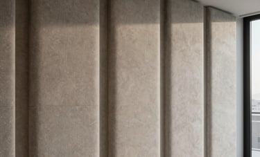 A beautiful interior of a modern office in Malaga with stylish acoustic panels on the walls, soft shadows, clean minimalist Southern European architectural design, sharp focus.