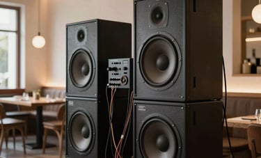 Elegant professional audio equipment integrated into a minimalist high-end restaurant interior, subtle wiring, clean installation, warm accent lighting, Southern European style.