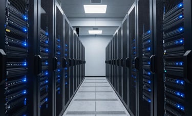 A wide, symmetrical architectural shot of a modern data center aisle with blue LED status lights on server racks, cold industrial atmosphere, North American / US corporate setting.