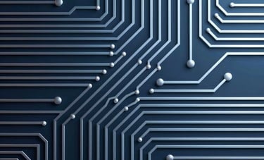 Abstract technological background featuring clean geometric patterns and interconnected circuit-like lines, corporate style, metallic navy and light blue tones, minimal composition.