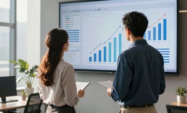 Professional photography of a sleek, modern office in North America. Two marketing professionals in business casual attire looking at a large screen displaying performance analytics and growth charts. Morning sunlight, corporate and results-driven atmosphere.