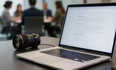 Clean, high-end close-up photography of a workspace in a US creative agency. A modern laptop and tech accessories sit on a dark slate desk. In the background, a blurred glass conference room shows a strategic team meeting. Professional lighting, innovative aura.