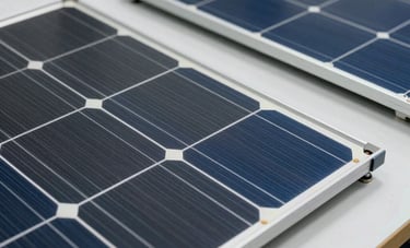 Close-up photography of high-quality photovoltaic solar panels and electronic circuit components on a clean work surface in a German technical facility. Sharp focus, bright lighting, featuring charcoal grey, silver, and deep blue colors.