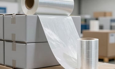 Professional shot of stacked cardboard packaging boxes and industrial stretch film rolls in a brightly lit Central European logistics center. Clean and organized composition conveying reliability, in light grey and white tones.