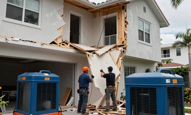 A wide shot of a Miami, Florida property undergoing storm damage cleanup. Technicians are removing damaged drywall and debris while using large industrial dehumidifiers. The composition is bold and emphasizes the scale of the professional recovery effort with steel blue and orange accents.