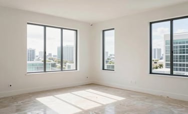 Interior of a modern Miami, Florida home living room after full restoration. The room looks pristine and brand new, with polished floors and fresh paint. Bright sunlight streams through the windows, signifying a fresh start after water damage. High-quality professional photography.