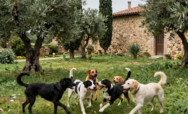 A group of happy dogs playing together in a lush, fenced olive-green garden in Fiesole. Italian cypress trees and a rustic tan stone wall in the background. Bright light.