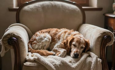 A tired spaniel curled up on a off-white cream blanket on a vintage armchair inside a Tuscan farmhouse. Soft afternoon glow through a wooden window frame, serene atmosphere.