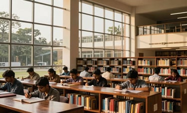 Interior photography of a high-tech university library in India with South Asian students studying, featuring large glass windows, dark wood bookshelves, and golden warm lighting.