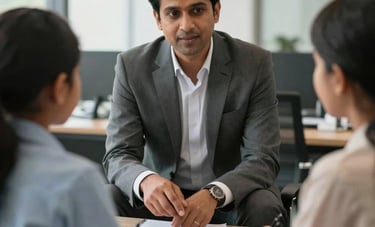 A professional South Asian educational consultant in formal attire advising a young student and parent in a sophisticated modern office in India, soft natural lighting.