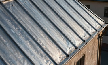 Close-up of high-quality zinc roofing work on a historical European building, elegant metallic textures, precise craftmanship and joints, warm afternoon sun, deep blue and bronze palette.