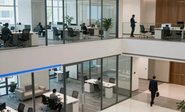 A professional high-angle shot of a clean, modern North American office lobby. Glass partitions and blue accent lighting highlight a stable and professional business atmosphere. Minimalist furniture and a few blurry professional figures symbolize a secure and efficient corporate environment.
