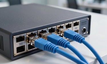 A detailed photography of professional networking hardware in a clean office environment. Sharp focus on blue ethernet cables plugged into a high-performance firewall router. Soft-focus background shows a bright North American office interior, emphasizing secure connectivity.