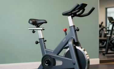 A sleek steel blue and charcoal grey stationary bike stands prominently in a clean, high-end North American / US training studio. Soft sage green wall accents provide a professional yet modern dynamism.