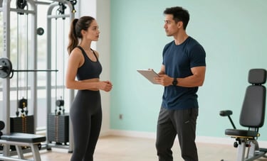 A professional North American / US fitness consultant discussing a wellness plan in a bright, modern studio. The space is decorated in light mint and off-white tones, featuring professional gym equipment and a clean, premium aesthetic.