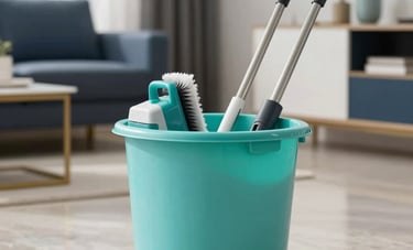 Detailed shot of cleaning equipment in a turquoise caddy sitting on a polished floor in a bright North American home. The background is softly blurred, showing a perfectly organized room with navy accents. Clean and sophisticated aesthetic.