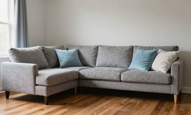 A wide shot of a pristine North American living room after a deep cleaning. The room features gray and light blue decor, perfectly fluffed pillows, and gleaming hardwood floors. Soft, professional interior photography style.