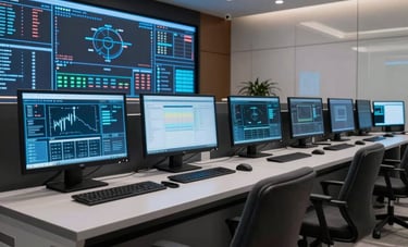A professional interior photograph of a modern energy control center in a North American city. The scene features glowing digital monitors displaying complex data, reflecting a Slate Blue light onto a clean, minimalist workspace. The atmosphere is sophisticated and high-tech.