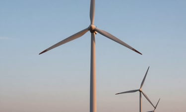 A crisp, high-detail photograph of modern wind turbines situated in a sprawling North American landscape at dawn. The lighting is soft and professional, with a color palette of Muted Blue sky and Dark Navy turbine bases. The aesthetic is clean and authoritative.