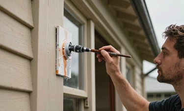 A detailed close-up shot of a skilled professional painter applying a premium protective coating to a wooden heritage villa exterior in Auckland, New Zealand.