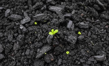 Close-up of dark, rich biochar soil with a small, bright green plant sprout emerging from the center.