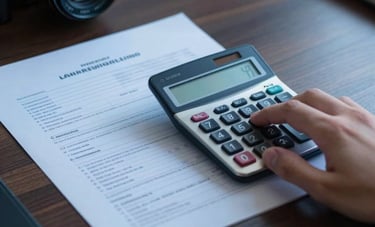 Close-up photography of professional financial documents and a calculator on a dark wood desk in a Brazilian office. Professional lighting with deep blue tones and a sense of meticulous accuracy.