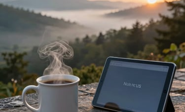 A steaming mug of coffee sits next to a digital tablet on a stone patio overlooking a misty Appalachian valley at sunrise. North American / US.