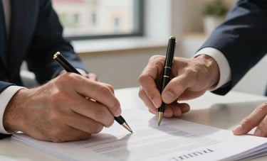 Close-up of professional business hands signing legal documents in a bright, modern office with gold accents and a view of Spanish architecture outside.