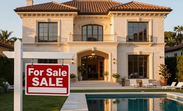 An elegant exterior shot of a high-end European villa with a 'For Sale' sign, manicured gardens, and warm golden hour lighting reflecting off the pool.