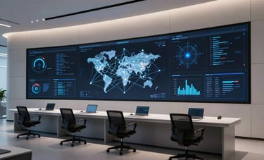 Cinematic photography of a sleek, high-tech command center in a major US tech hub. Large digital displays showing global networks, minimalist design, soft shadows, futuristic vibe.