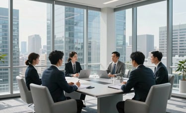 Professional photography of a high-level executive meeting in a glass-walled skyscraper office in North American. Modern furniture, silver and light blue tones, panoramic city view, bright natural light.